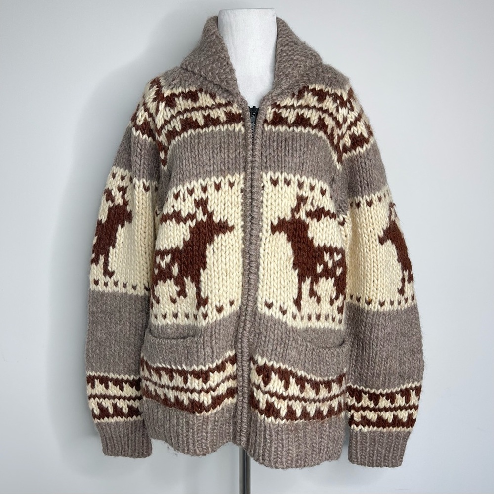 Vintage 70s Moose Elk Heavyweight Thick Handwoven Cowichan Wool Cardigan Sweater